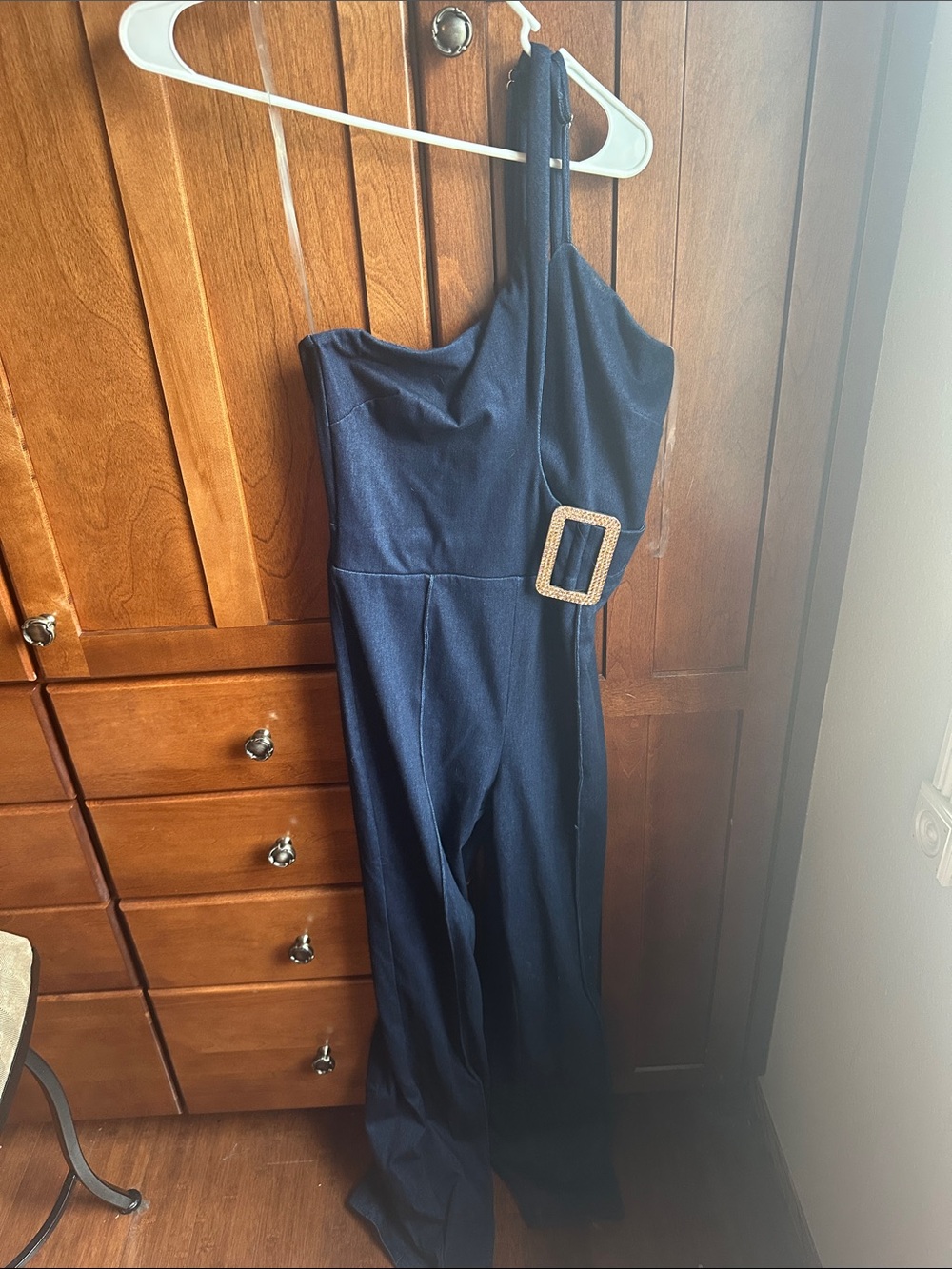 One-Shoulder Denim Jumpsuit with Statement Buckle